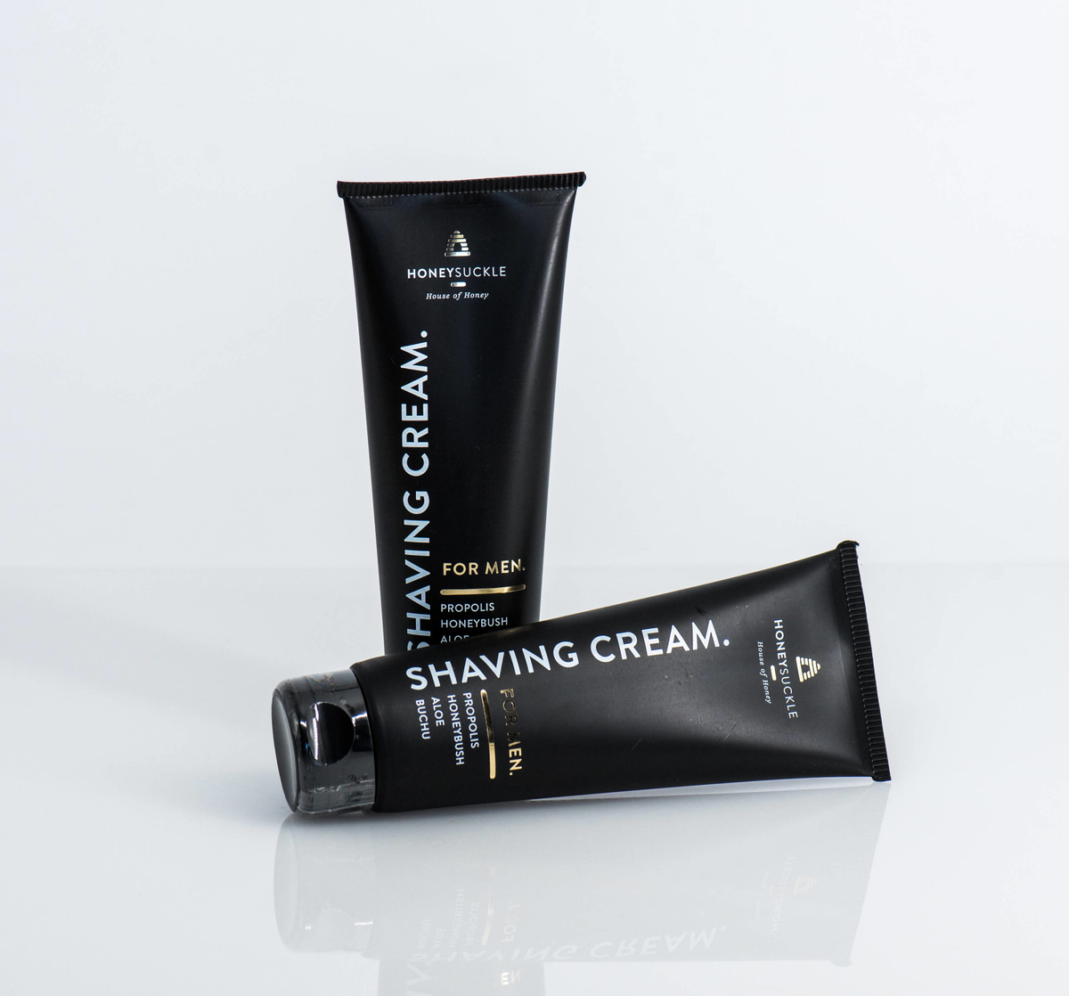 Two Honeysuckle Shaving Cream For Men 125ml tubes on a white background