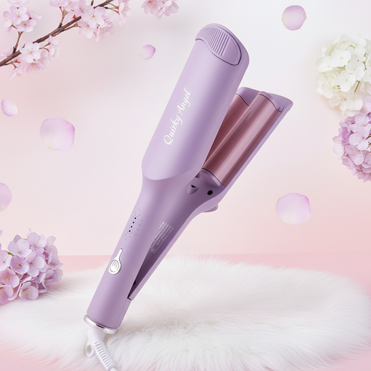 Large Wave Curling Iron in purple on pink floral background