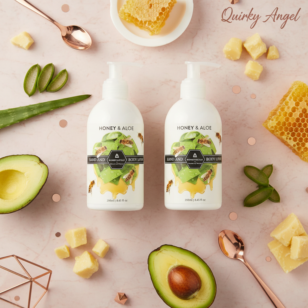 Honeysuckle Honey & Aloe Body Lotion flat lay with two bottles and botanicals