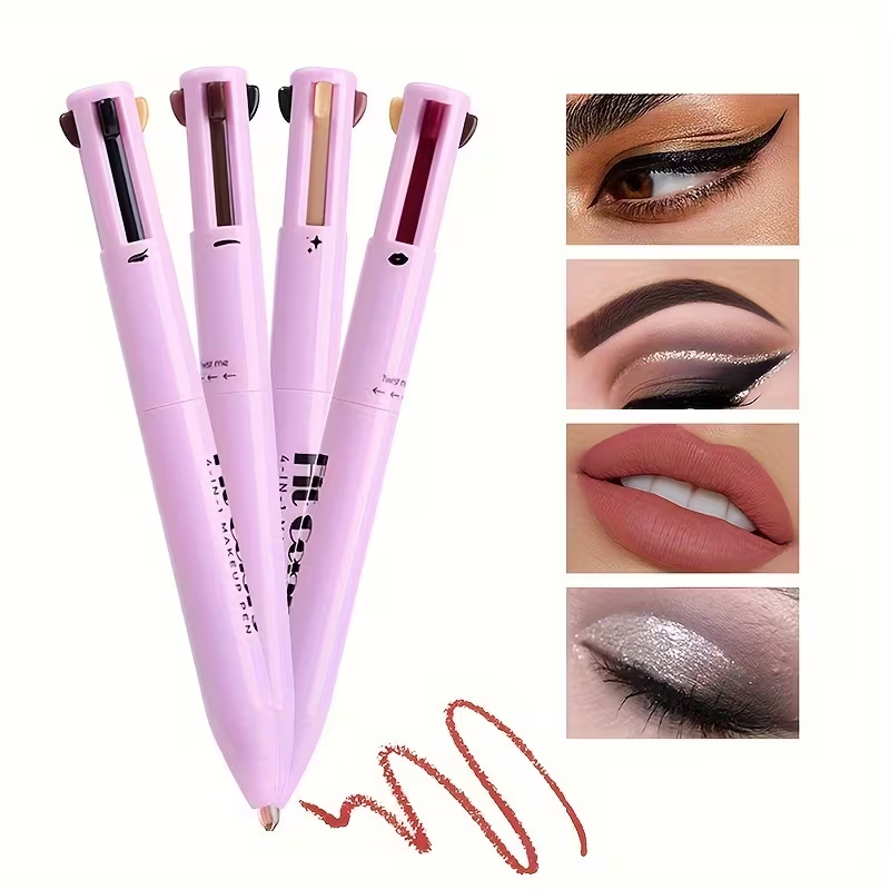 Four lilac 4-in-1 makeup pens in a row showing different tip combinations