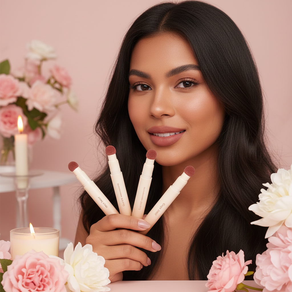 Woman holding four matte lip gloss pens fanned out in hand