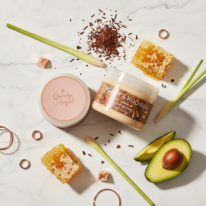 Honeysuckle Honey & Rooibos Body Butter premium flat lay with rooibos, honey and avocado accents