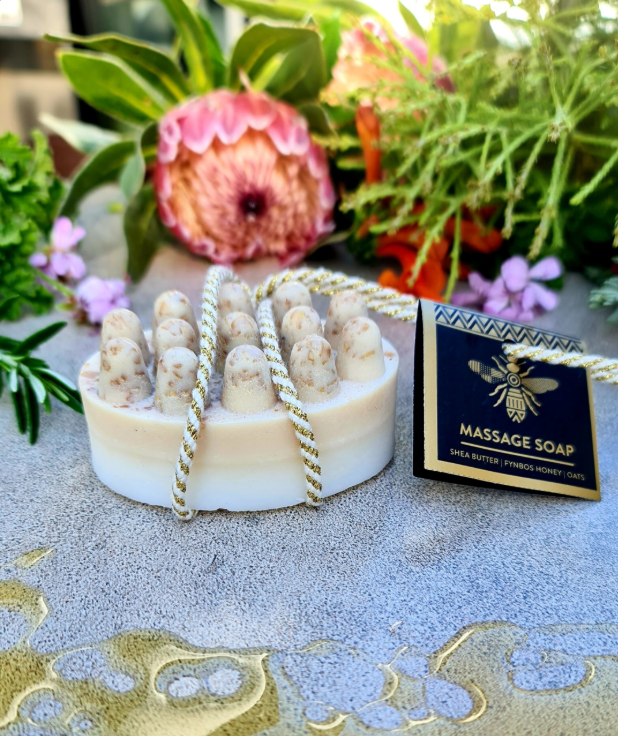 Honeysuckle Massage Soap original product photo with gold rope and navy tag