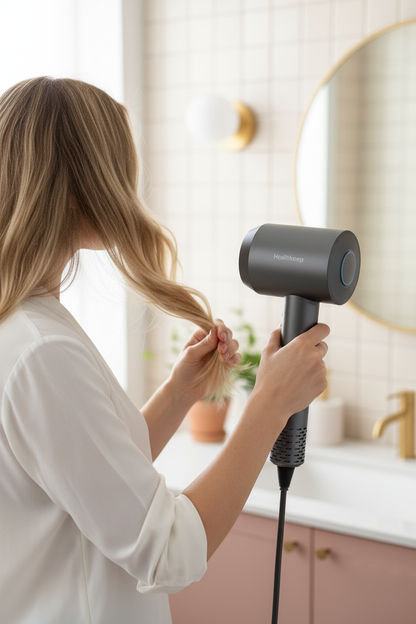 White woman actively using the exact grey Healthkeep ionic hair dryer on her hair