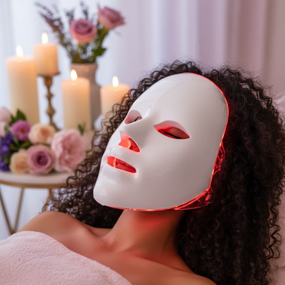 Woman wearing glowing LED face mask in spa setting