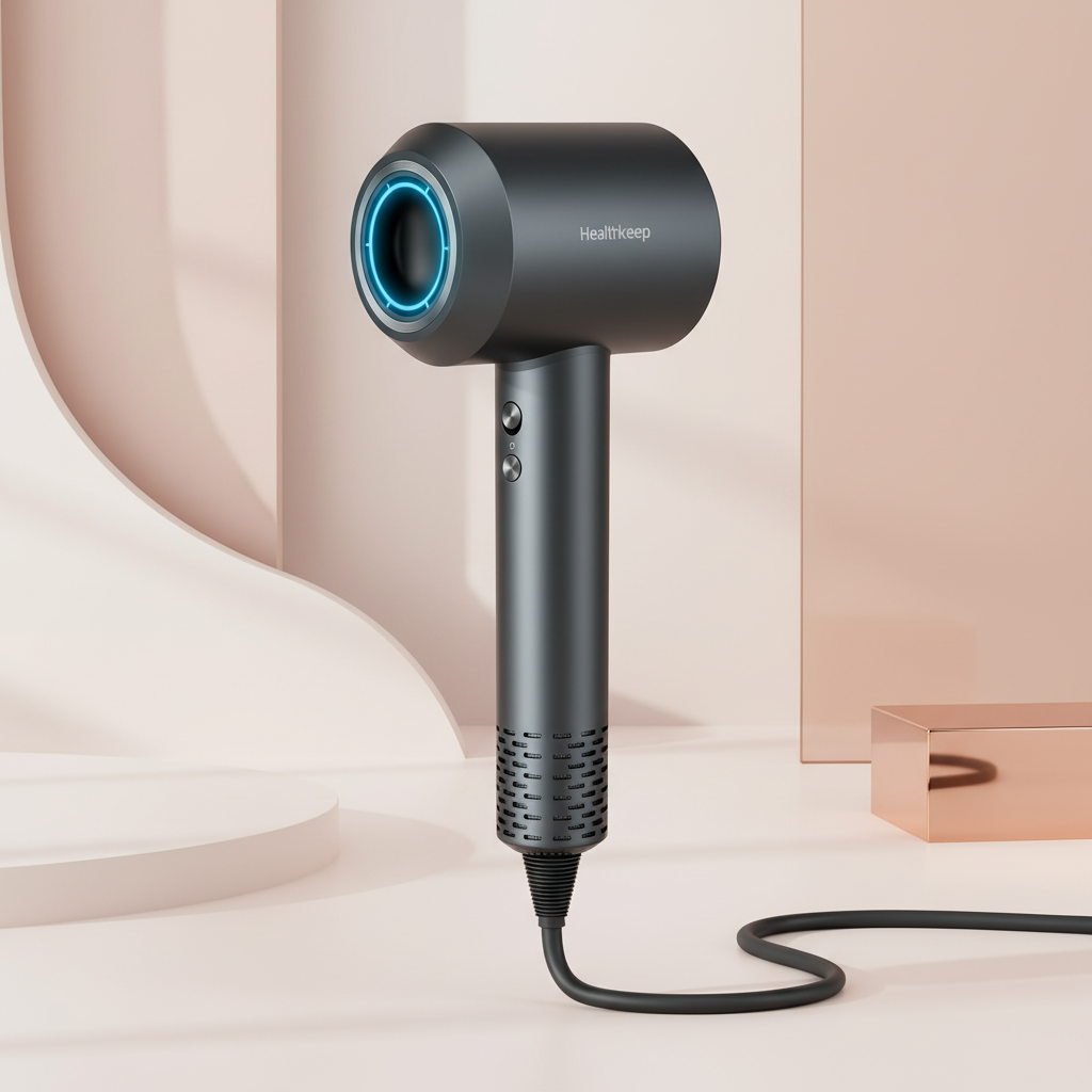 Grey Healthkeep ionic hair dryer in a warm blush and cream studio setting