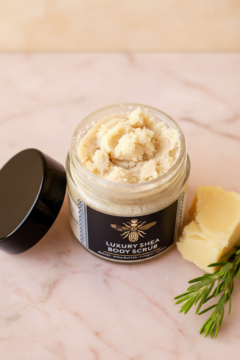 Honeysuckle Luxury Shea Body Scrub open jar texture close-up
