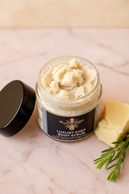 Honeysuckle Luxury Shea Body Scrub open jar texture close-up