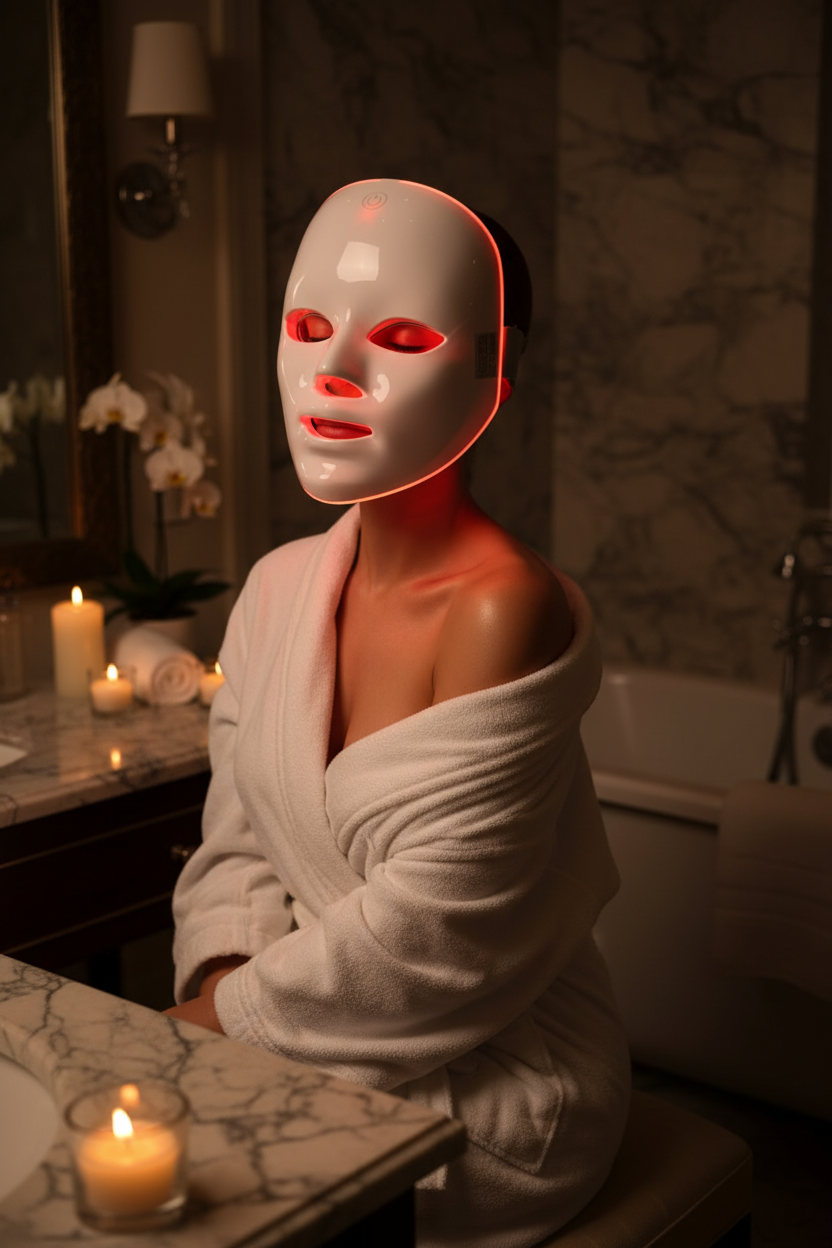 Woman wearing 7-in-1 LED Face & Neck Care Beauty Mask in luxury spa setting