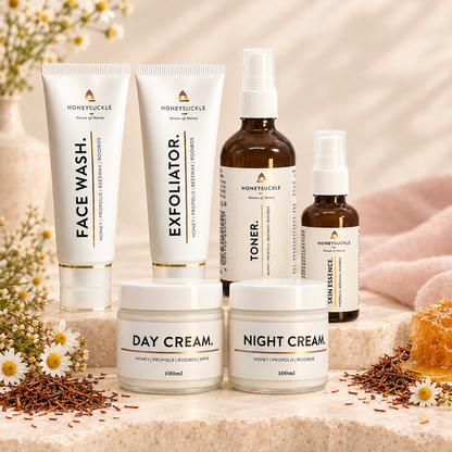 Honeysuckle Face Care Set flat lay of all six products