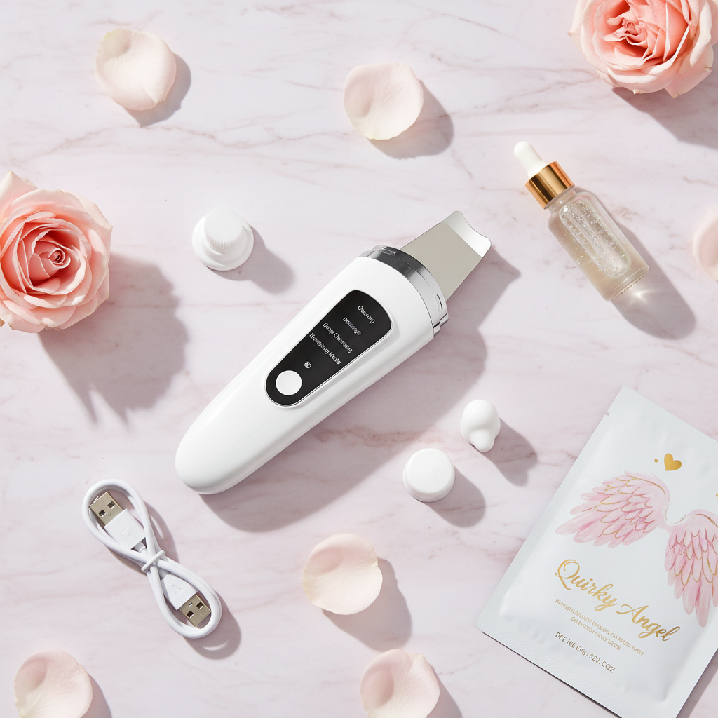 4-In-1 Facial Skin Scraper flat lay with accessories on pink marble