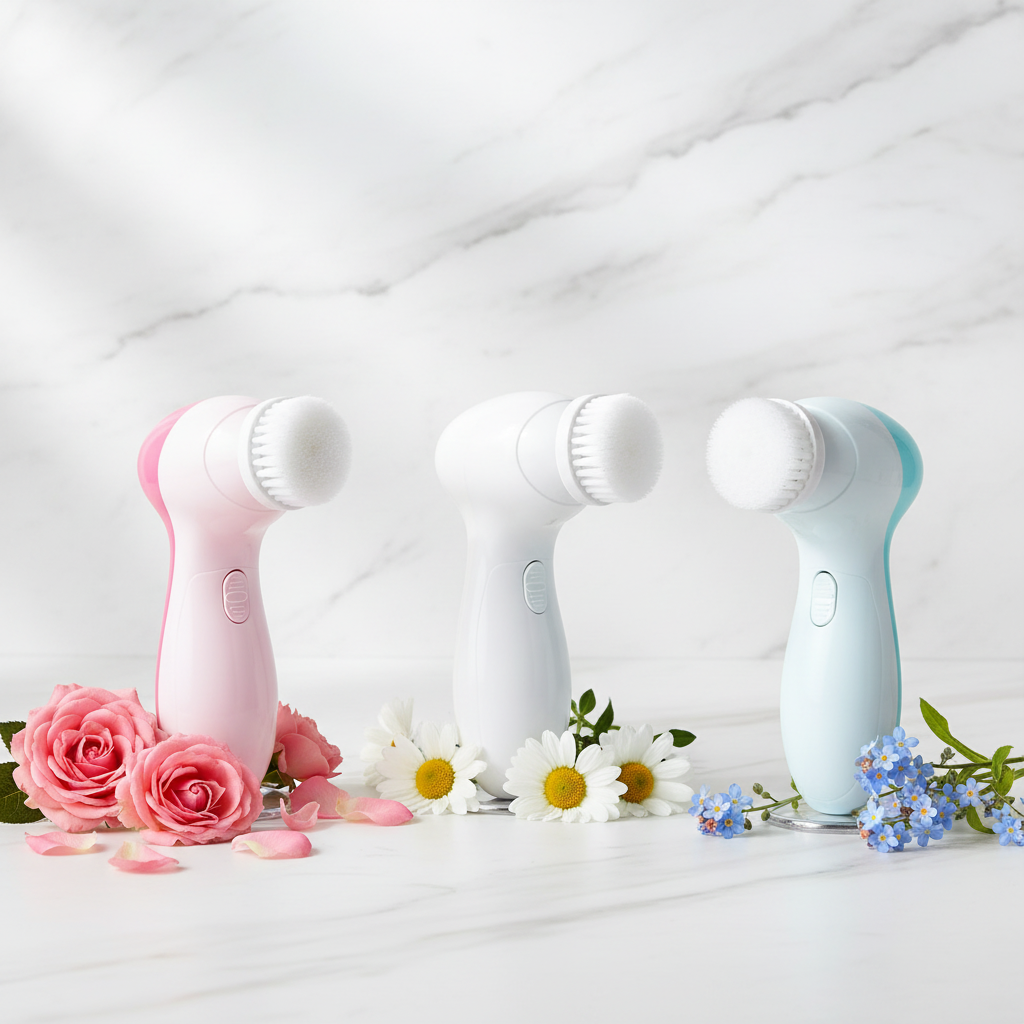 5-in-1 Facial Cleansing Device in pink, white and blue colour variants