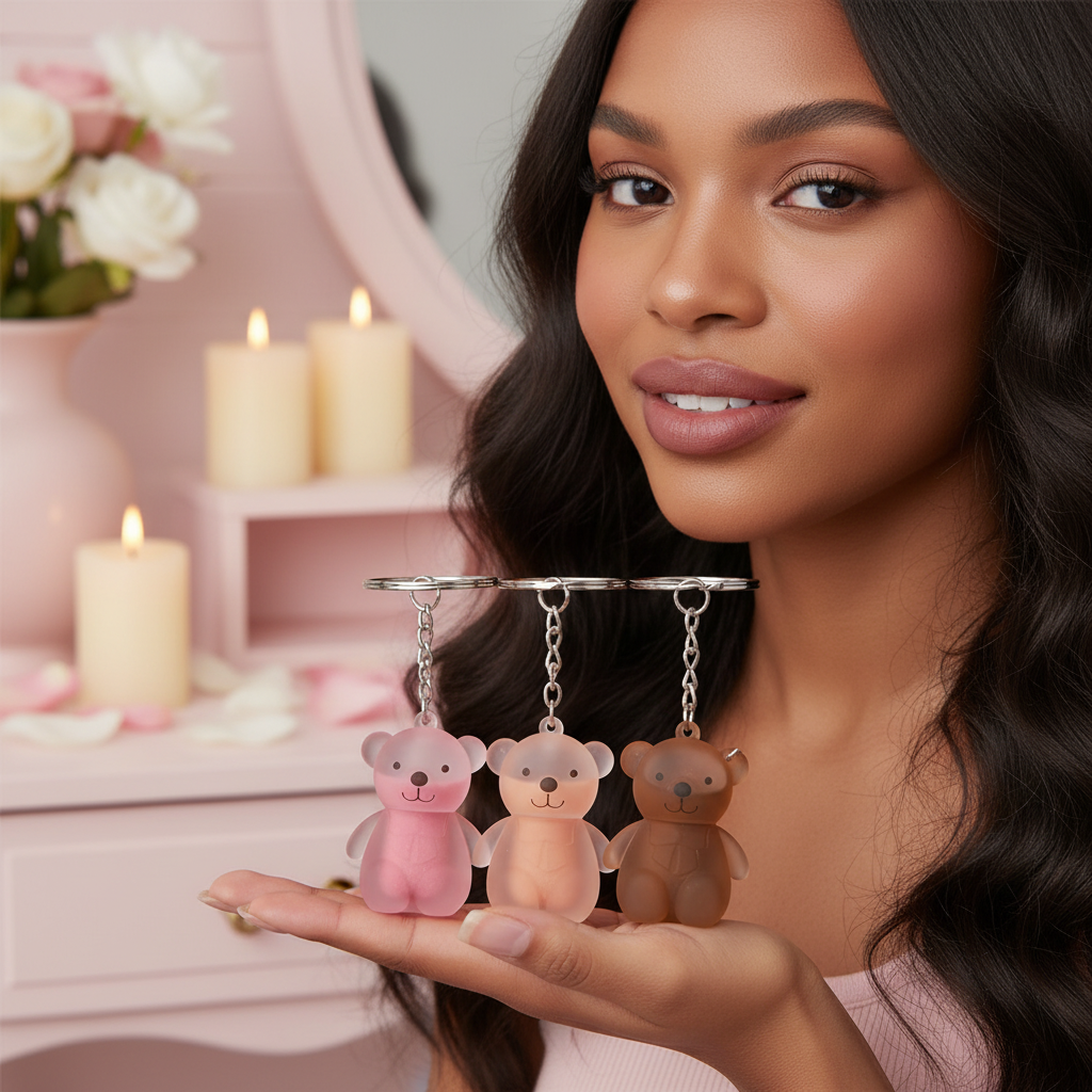 Woman with matte dusty rose lips holding three Little Bear lip glaze keychains