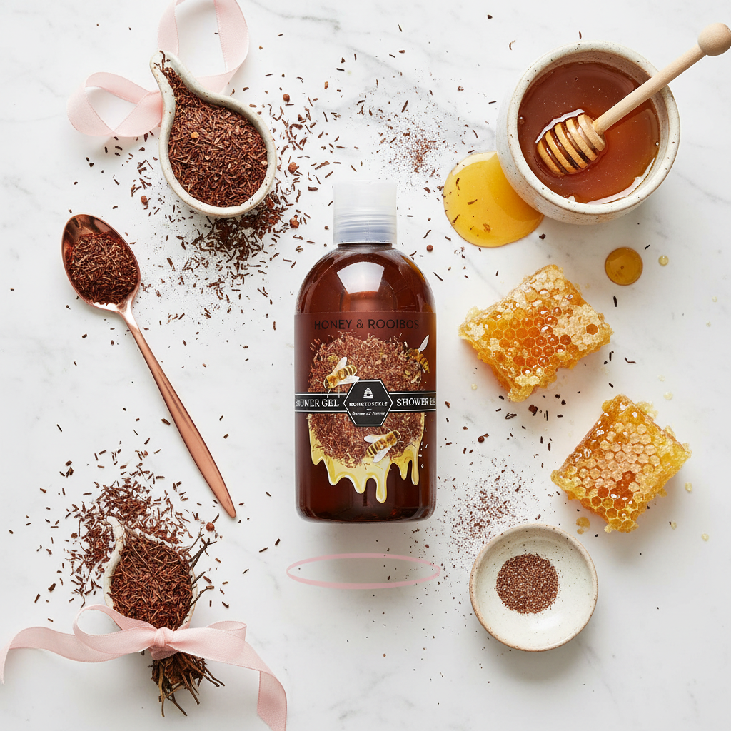 Honeysuckle Honey & Rooibos Shower Gel premium flat lay with rooibos and honey accents