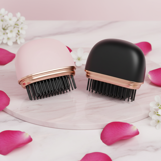 Pink and black mini cordless hair straightener combs side by side on pink marble