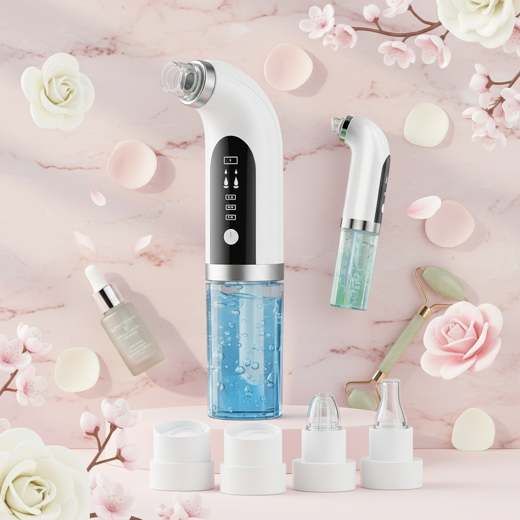 Electric Blackhead Remover flat lay on blush marble with rose petals and skincare accessories
