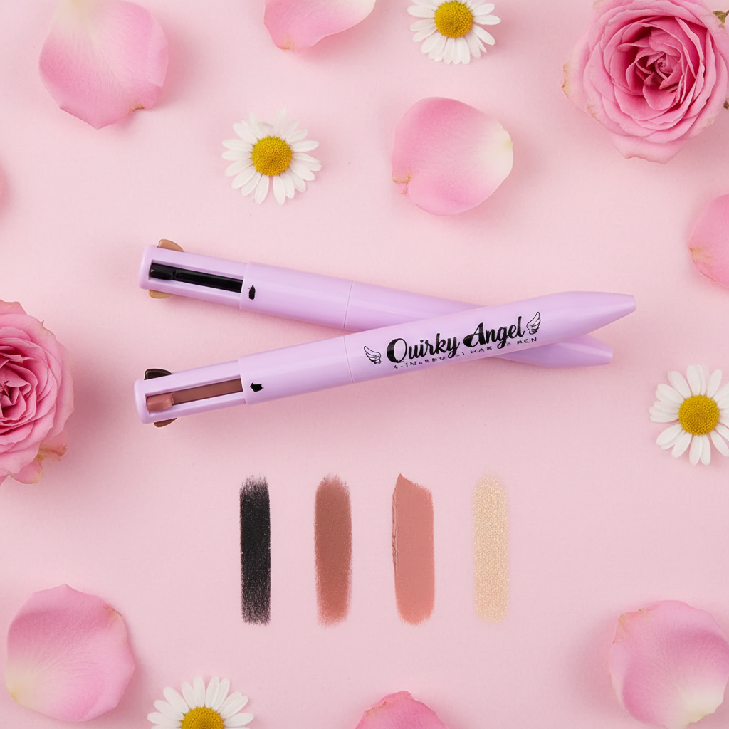 Flat lay of correct lilac 4-in-1 makeup pen with eyeliner, brow, lipliner and highlighter swatches