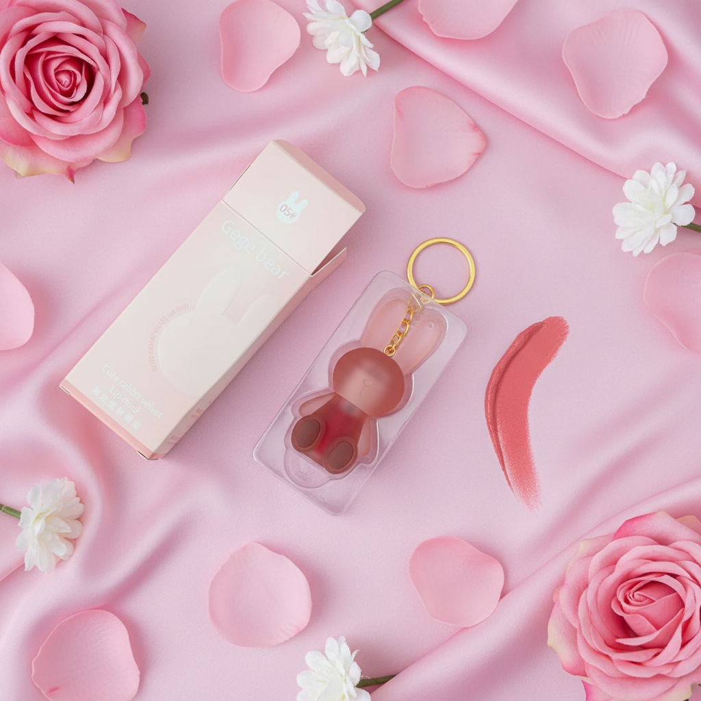 Flat lay of bunny lip gloss with pink packaging box and coral lip colour swatch