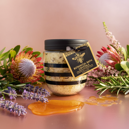 Honeysuckle Botanical Bath Crystals hero shot with lavender and fynbos flowers