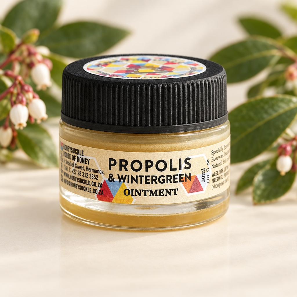 Honeysuckle Propolis and Wintergreen Ointment 30ml jar with label on a light neutral surface