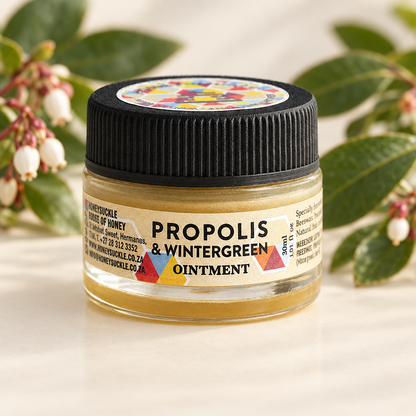 Honeysuckle Propolis and Wintergreen Ointment 30ml jar with label on a light neutral surface
