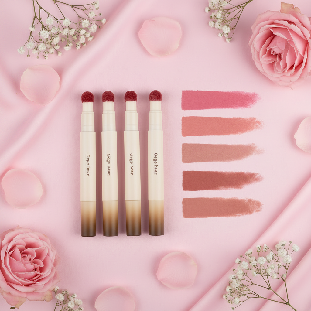 Flat lay of four lip gloss pens with four colour swatches, no text
