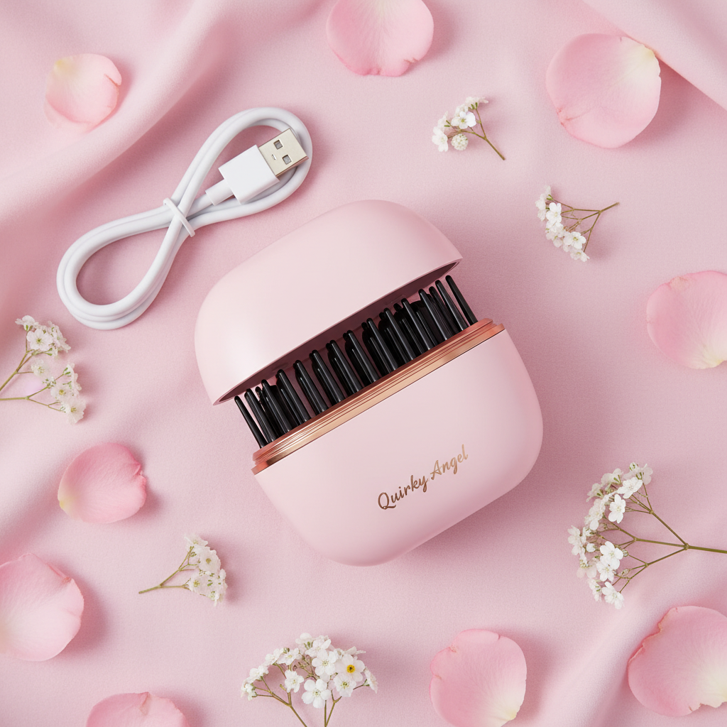 Flat lay of pink mini hair straightener comb open showing bristles with USB cable