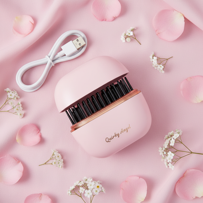 Flat lay of pink mini hair straightener comb open showing bristles with USB cable