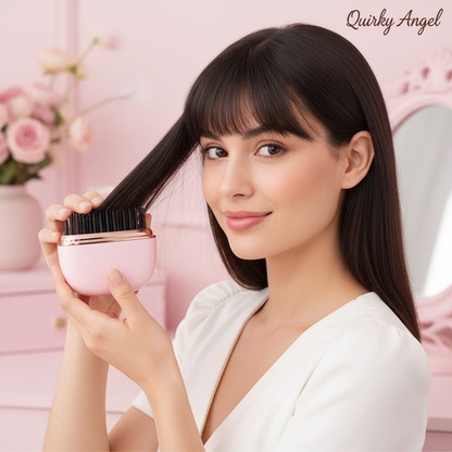 Woman styling her fringe with pink egg-shaped clamshell cordless hair straightener comb