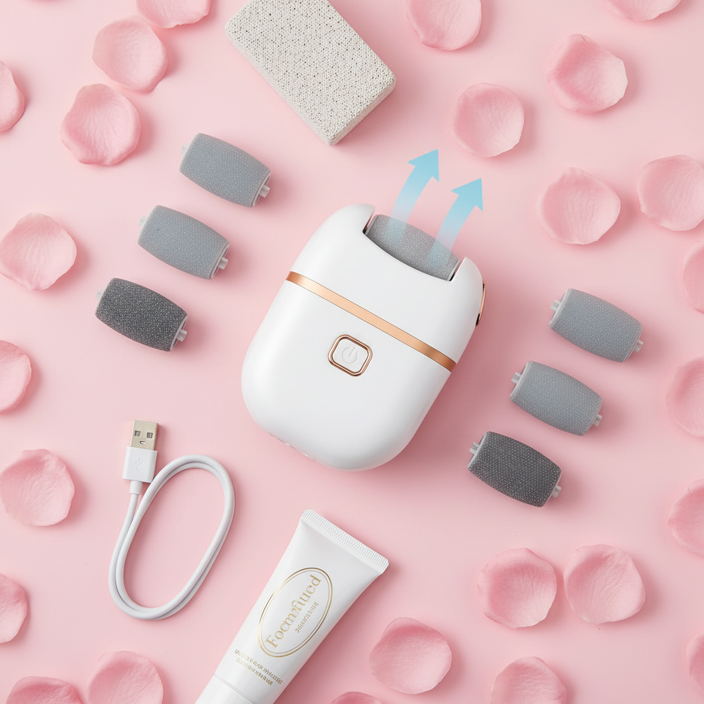 Flat lay of electric foot scrubber kit with all accessories