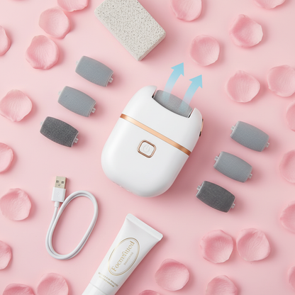 Flat lay of electric foot scrubber kit with all accessories