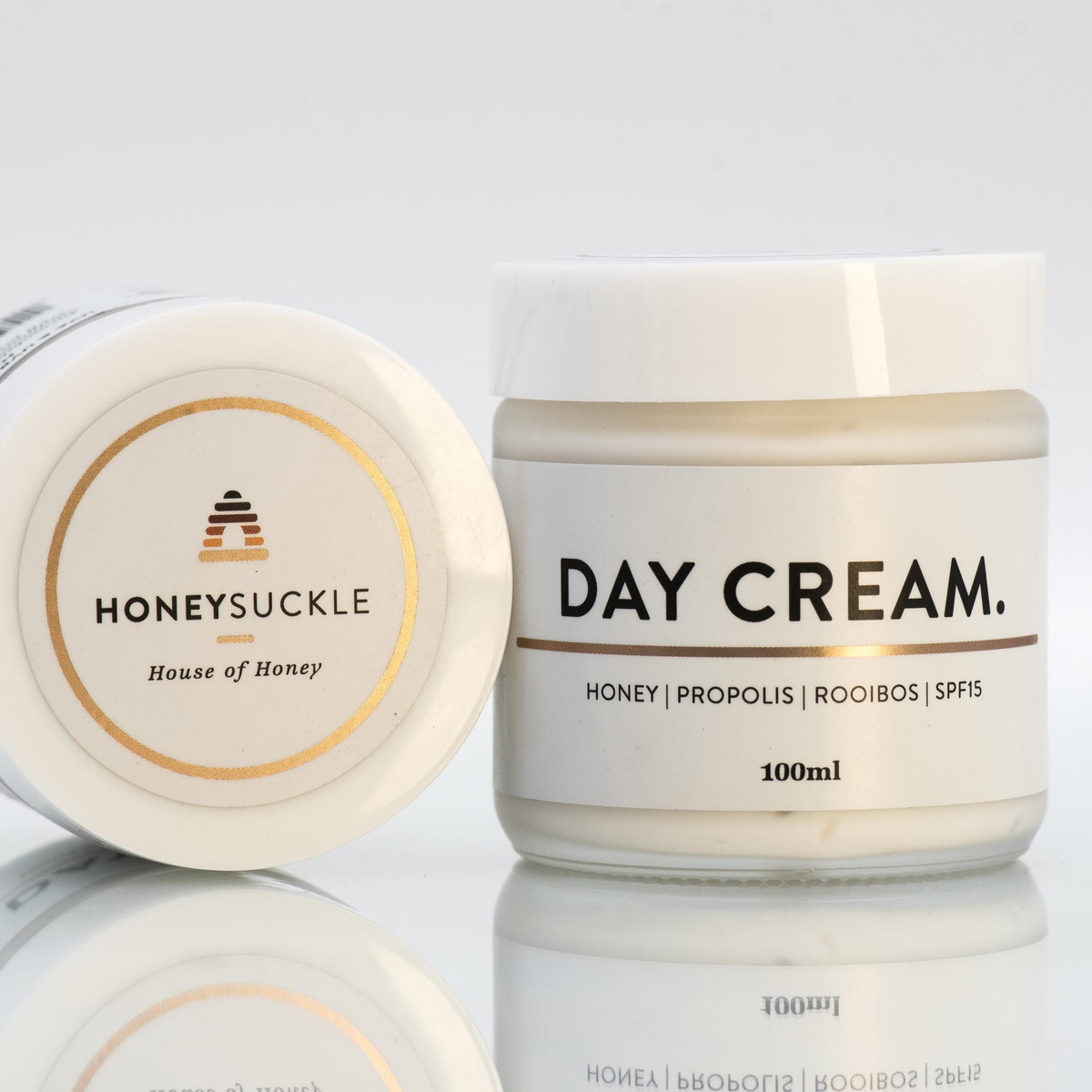 Original Honeysuckle Day Cream 100ml glass jar with white lid and SPF15 label