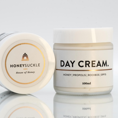 Original Honeysuckle Day Cream 100ml glass jar with white lid and SPF15 label