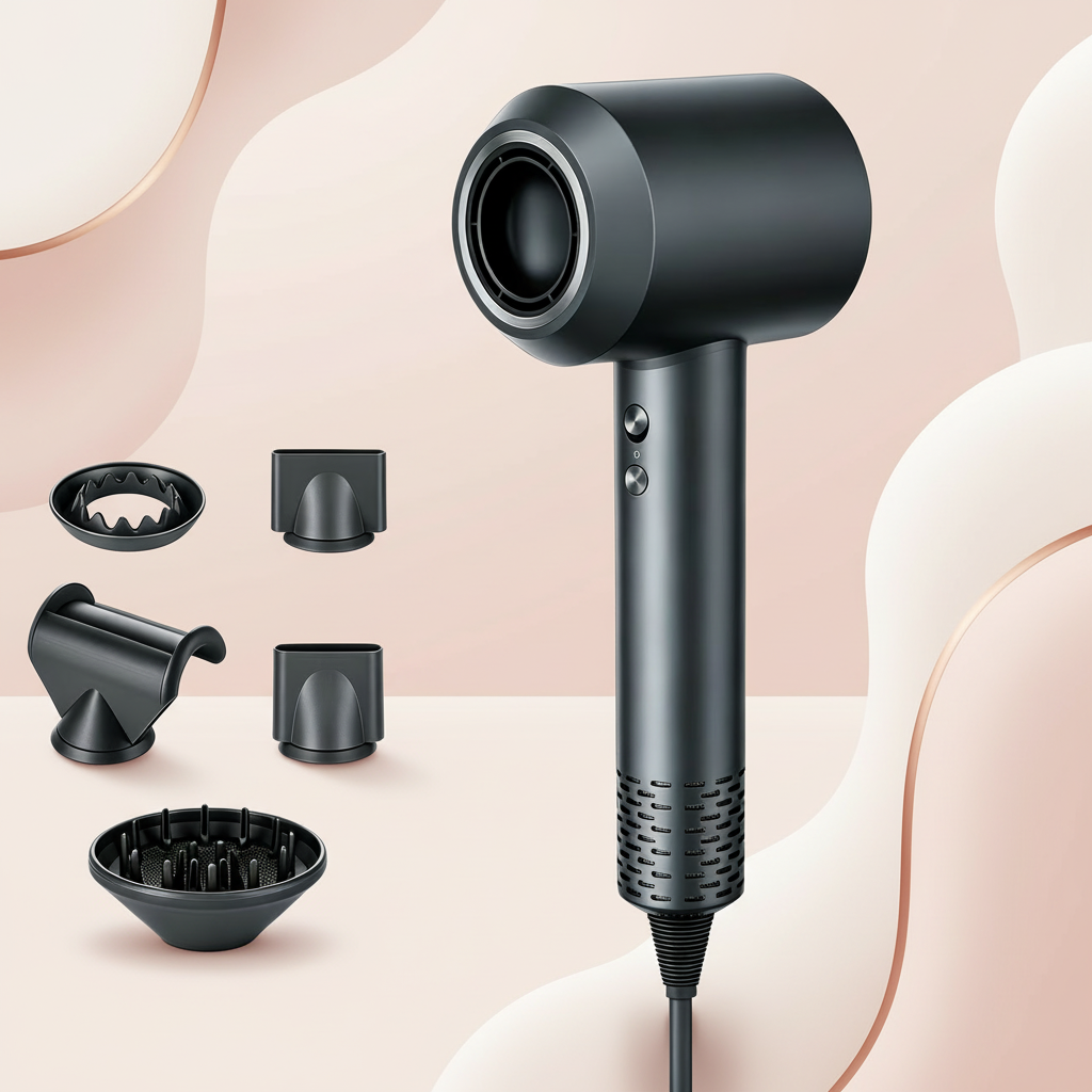 Grey Healthkeep hair dryer with exactly two styling nozzles, one smooth nozzle, one diffuser nozzle and one gentle-air nozzle on a blush studio background