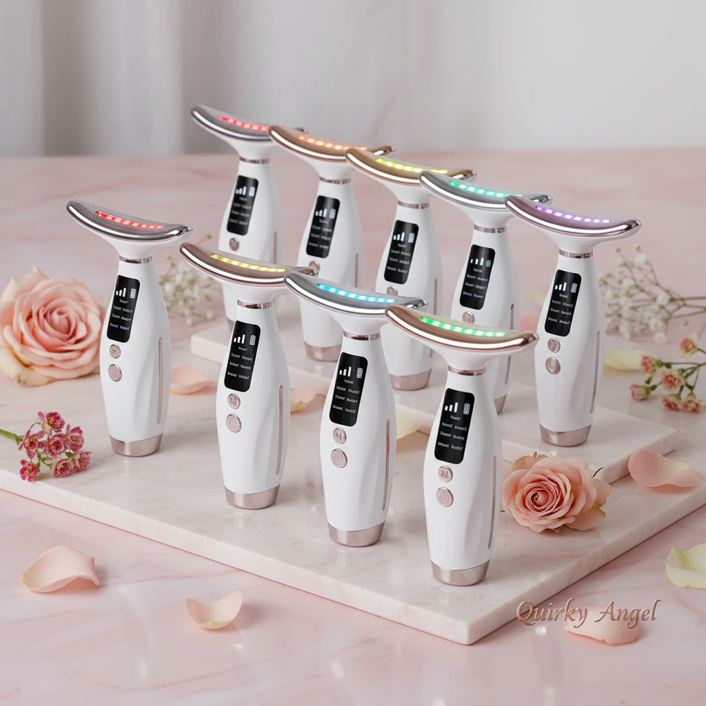 Facial and neck massager showing all 7 LED colour modes on pink marble