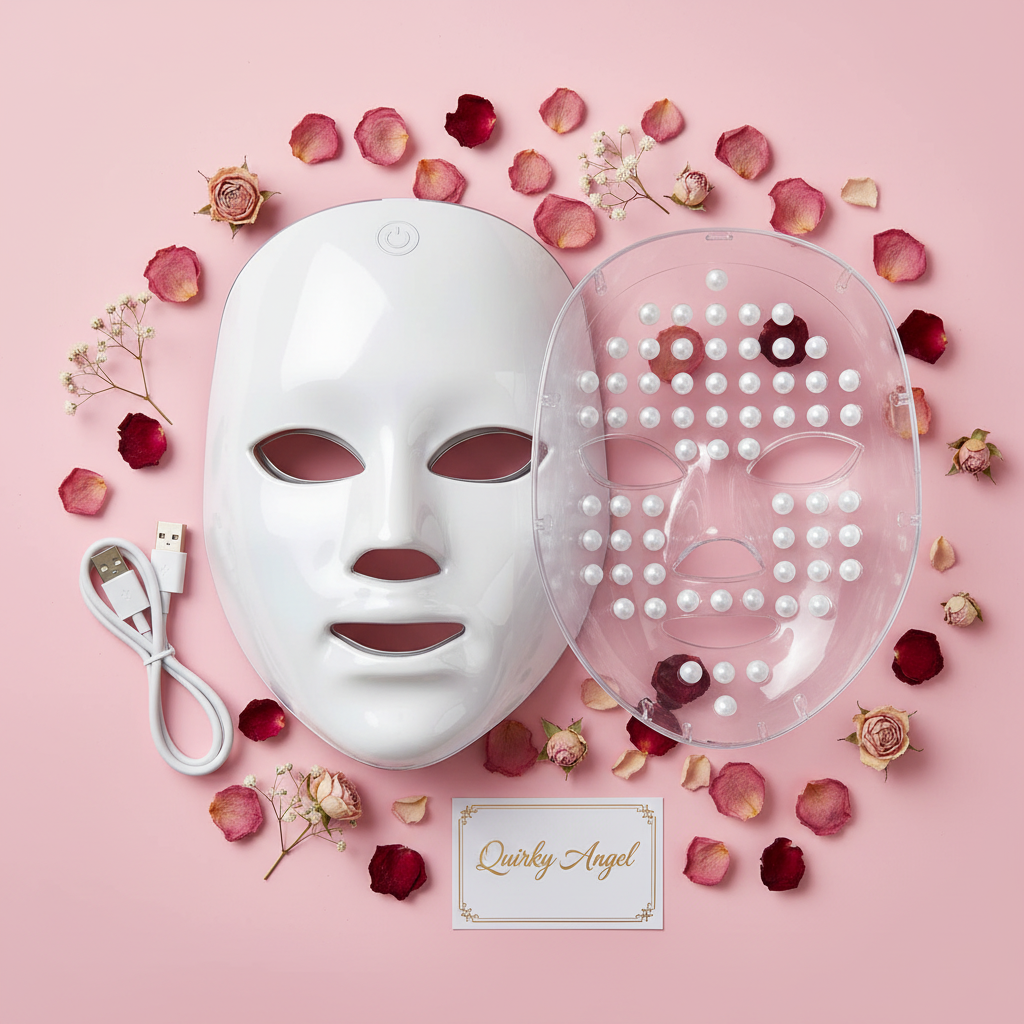 Flat lay of LED face mask front and inner LED panel with USB cable