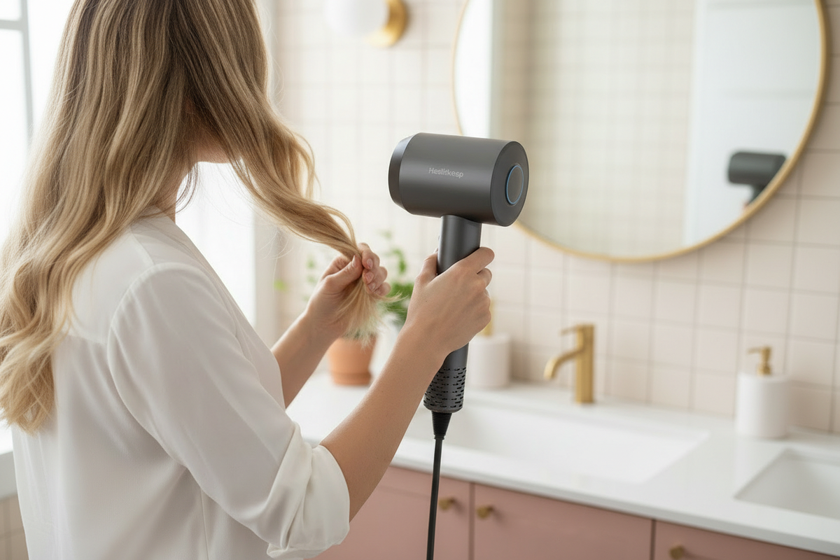 White woman using the exact grey Healthkeep ionic hair dryer with the open air outlet aimed toward her hair