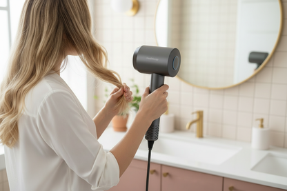 White woman using the exact grey Healthkeep ionic hair dryer with the open air outlet aimed toward her hair