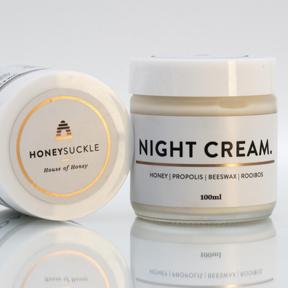 Original Honeysuckle Night Cream 100ml glass jar with white lid and Honey Propolis Beeswax Rooibos label