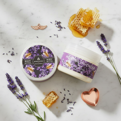 Honeysuckle Honey & Lavender Body Butter premium flat lay with lavender sprigs and honeycomb