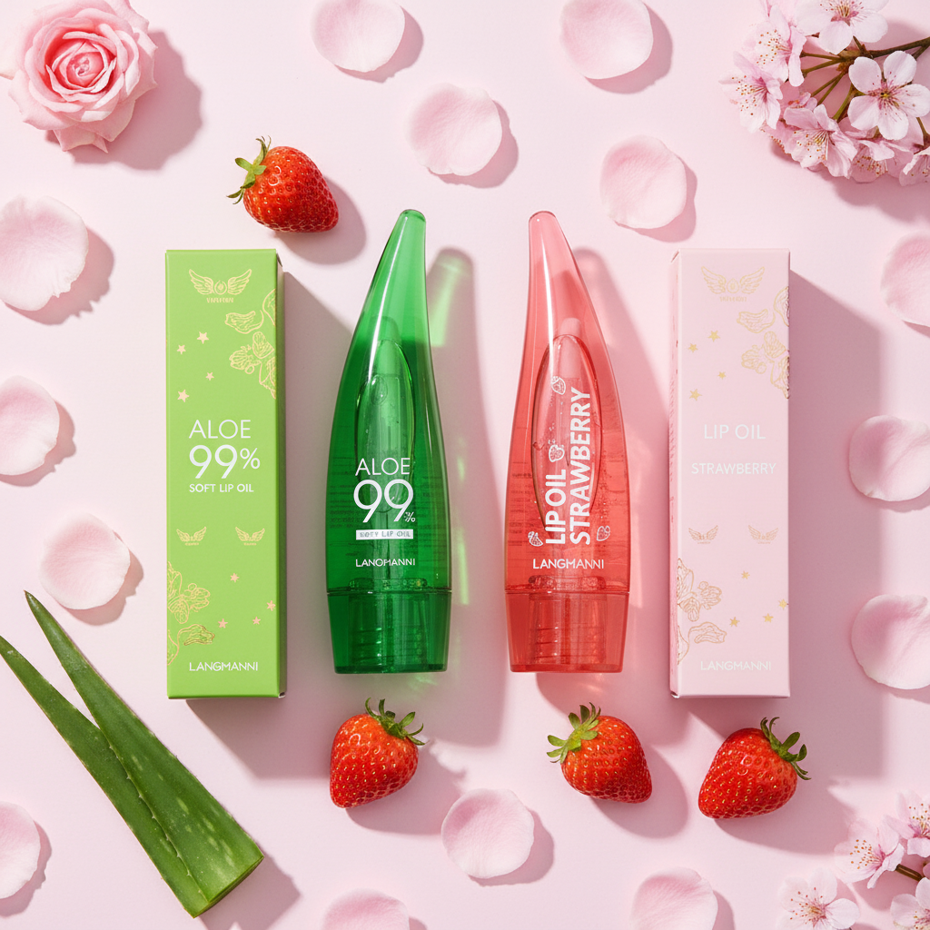 Flat lay of both lip oil bottles with boxes and natural ingredients