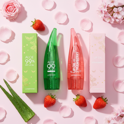 Flat lay of both lip oil bottles with boxes and natural ingredients