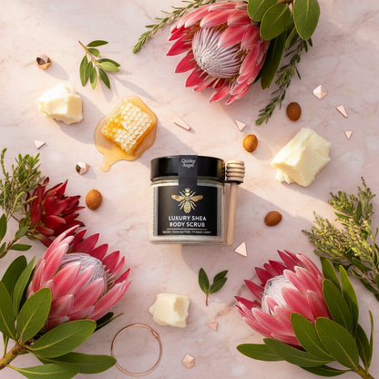 Honeysuckle Luxury Shea Body Scrub flat lay with botanicals