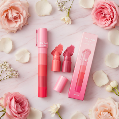 5-in-1 stackable lipstick pen assembled and separated showing all 5 shades with pink gift box