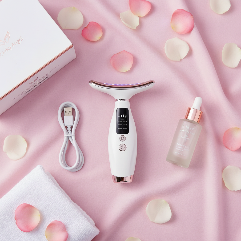 Flat lay of facial neck device with USB cable, box and skincare accessories