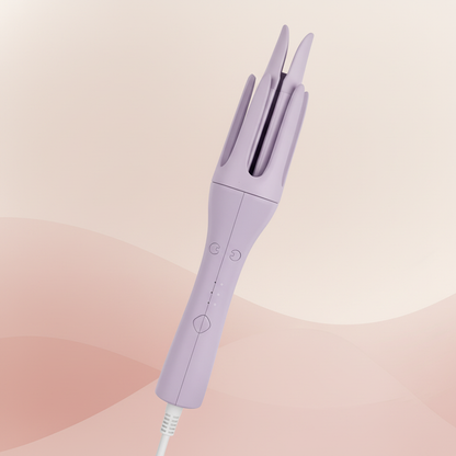 Lavender purple 32mm automatic rotating curling iron with forked curling chamber and ergonomic handle