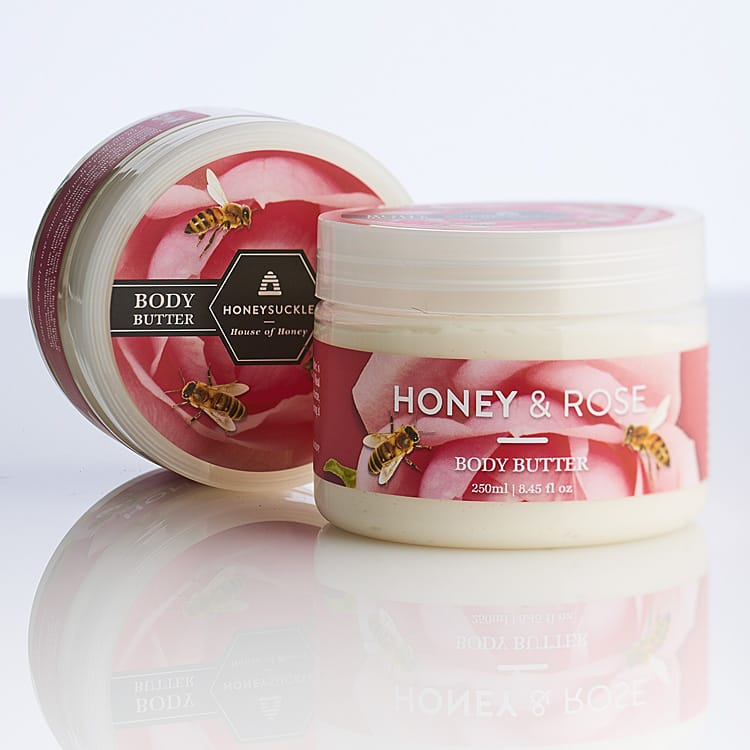 Honeysuckle Honey & Rose Body Butter 250ml tub with pink rose label