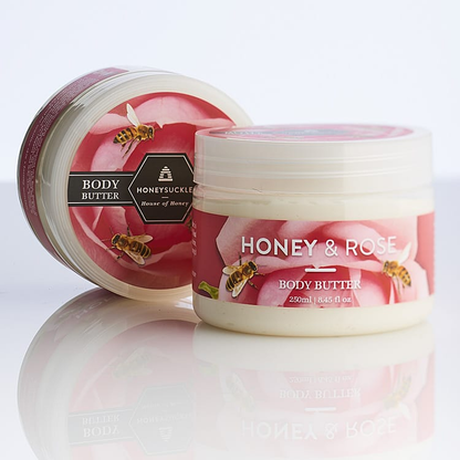 Honeysuckle Honey & Rose Body Butter 250ml tub with pink rose label