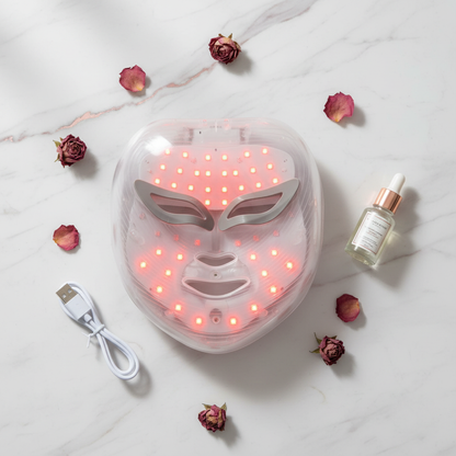 7-in-1 LED Face & Neck Care Beauty Mask premium flat lay with rose gold accents
