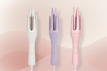 White, lavender purple and pink 32mm automatic rotating curling irons with matching forked curling chambers